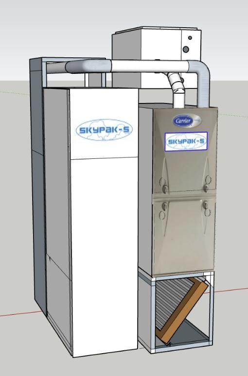 Commercial HVAC unit with duct system.