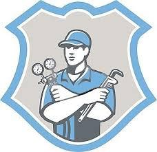 Plumber with wrench and gauges on badge.